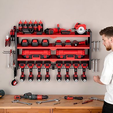Wall Mounted Garage Tool Rack with Drill Slots, Hooks, and Adjustable Shelf - Red