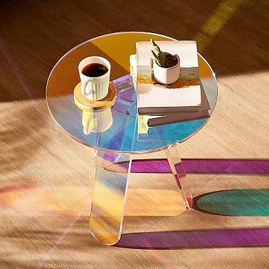 Round Acrylic Side Table, Iridescent Accent Table with Slip-Proof Pads for Home - Multicolor