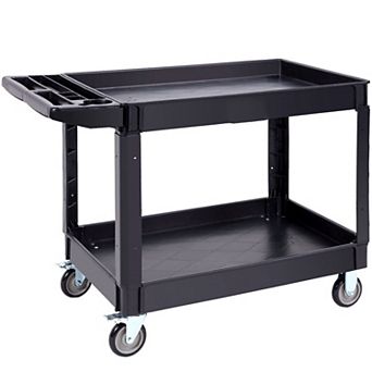 Two-Tier Workshop Cart with Lipped Shelves and Swivel PVC-Coated Wheels - Black