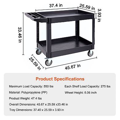 Two-Tier Workshop Cart with Lipped Shelves and Swivel PVC-Coated Wheels - Black