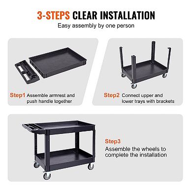 Two-Tier Workshop Cart with Lipped Shelves and Swivel PVC-Coated Wheels - Black
