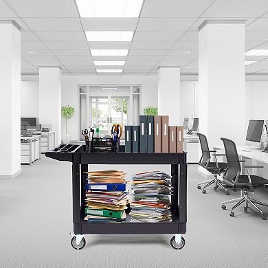 Two-Tier Workshop Cart with Lipped Shelves and Swivel PVC-Coated Wheels - Black