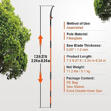 Manual Pole Saw 7.327 ft Tree Trimmer with Handheld Saw and Branch Hooks - Orange