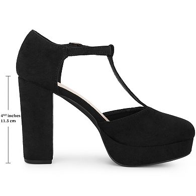 Women's Platform Round Toe Heels T-Strap Chunky High Heel Pumps