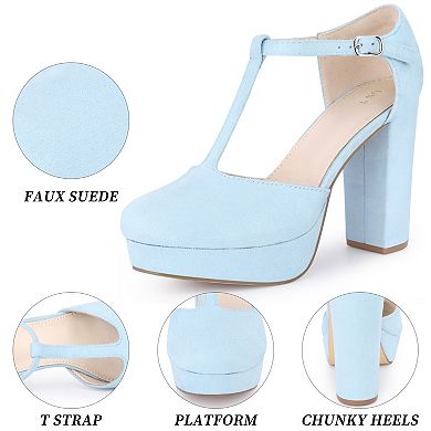 Women's Platform Round Toe Heels T-Strap Chunky High Heel Pumps