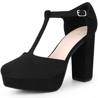 Women's Platform Round Toe Heels T-Strap Chunky High Heel Pumps