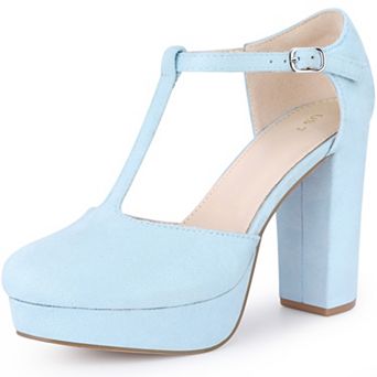 Women's Platform Round Toe Heels T-Strap Chunky High Heel Pumps