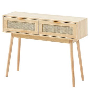 Rattan Console Table with Drawers and Shelf for Entryway or Hallway - Natural