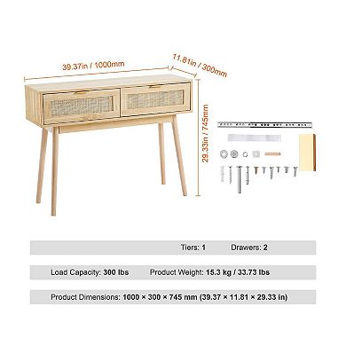 Rattan Console Table with Drawers and Shelf for Entryway or Hallway - Natural