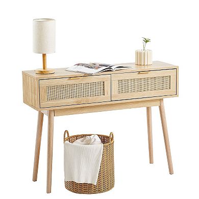 Rattan Console Table with Drawers and Shelf for Entryway or Hallway - Natural