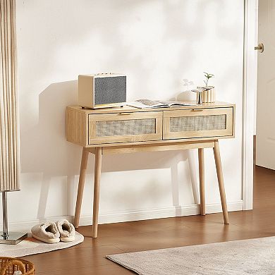 Rattan Console Table with Drawers and Shelf for Entryway or Hallway - Natural