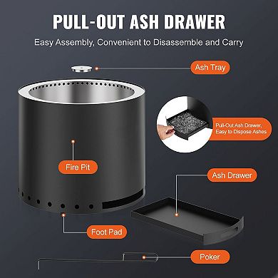 Outdoor Smokeless Fire Pit with Ash Tray and Fire Poker, Wood Burning - Black