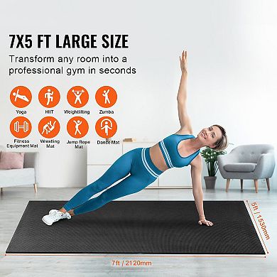 Black 7x5 ft Workout Mat with 7mm Cushioning for Home Exercise and Training