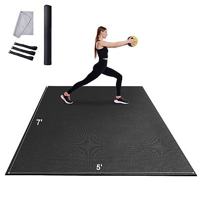 Black 7x5 ft Workout Mat with 7mm Cushioning for Home Exercise and