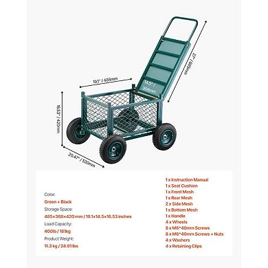 Rolling Garden Cart with Seat and Storage Compartment for Yard Work