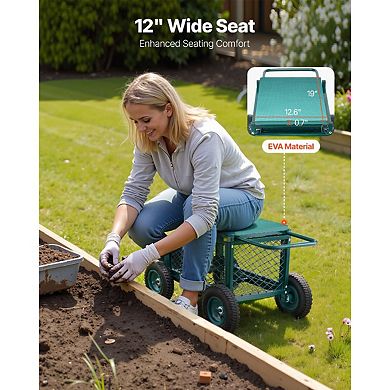 Rolling Garden Cart with Seat and Storage Compartment for Yard Work