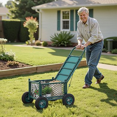 Rolling Garden Cart with Seat and Storage Compartment for Yard Work
