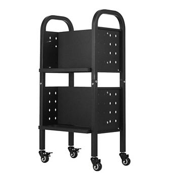 2 tier Rolling Book Cart with Wheels for Office School Library - Black