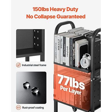 2-Tier Rolling Book Cart with Wheels for Office School Library - Black