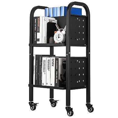 2-Tier Rolling Book Cart with Wheels for Office School Library - Black