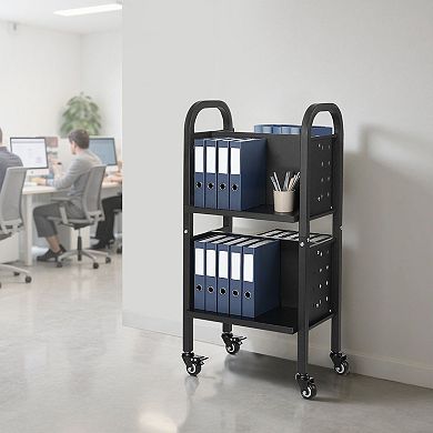 2-Tier Rolling Book Cart with Wheels for Office School Library - Black