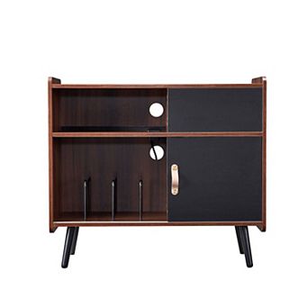 Media Organizer Stand with Turntable Surface and Vinyl Storage Compartments