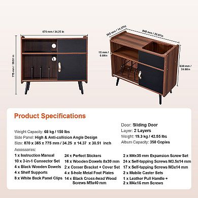 Media Organizer Stand with Turntable Surface and Vinyl Storage Compartments