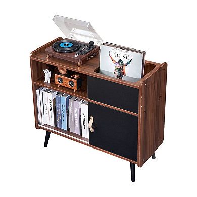 Media Organizer Stand with Turntable Surface and Vinyl Storage Compartments