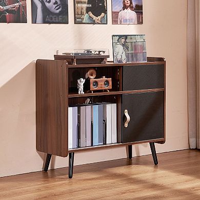 Media Organizer Stand with Turntable Surface and Vinyl Storage Compartments