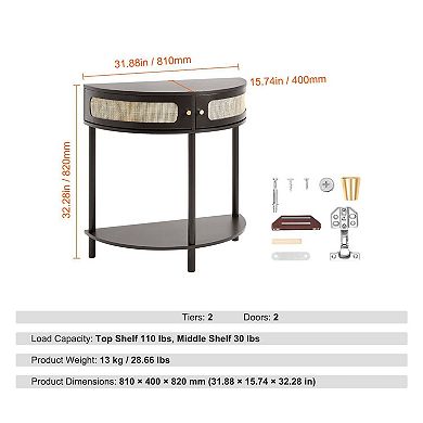 Rattan Console Table with Storage Compartments for Entryway or Living Room - Black