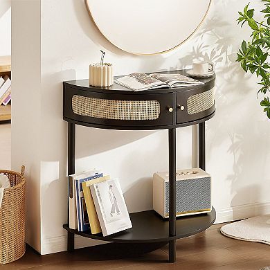 Rattan Console Table with Storage Compartments for Entryway or Living Room - Black