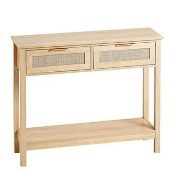 Rattan Console Table with Drawers and Shelf for Entryway or Hallway - Natural