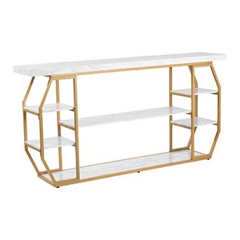 Hallway Table with Multi-Tier Storage and Faux Marble Surface White