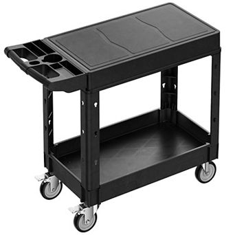 2 tier Rolling Utility Cart with Flat Workstation Top and Tool Storage Racks - Black