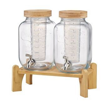 Dual Glass Beverage Dispenser Set with Stainless Steel Spigots and Fitted Lids