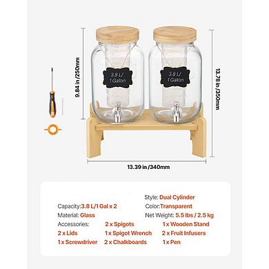 Dual Glass Beverage Dispenser Set with Stainless Steel Spigots and Fitted Lids