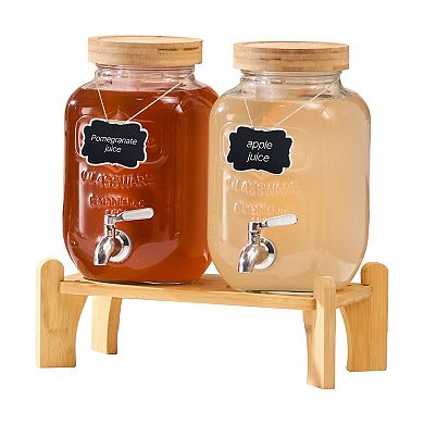 Dual Glass Beverage Dispenser Set with Stainless Steel Spigots and Fitted Lids