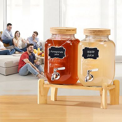 Dual Glass Beverage Dispenser Set with Stainless Steel Spigots and Fitted Lids