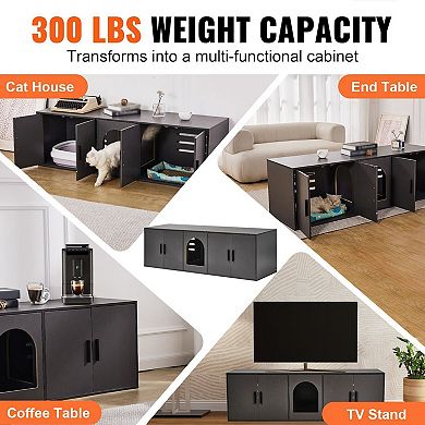 Cat Litter Box Enclosure Cabinet with Five Doors, Hidden Furniture - Black