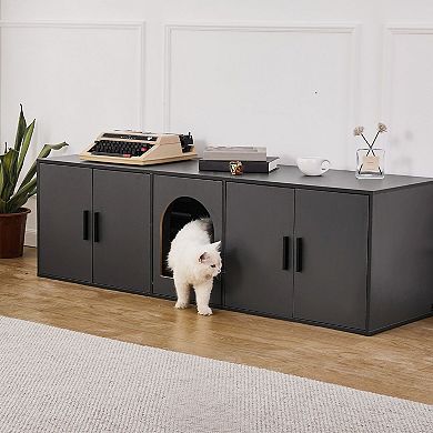 Cat Litter Box Enclosure Cabinet with Five Doors, Hidden Furniture - Black