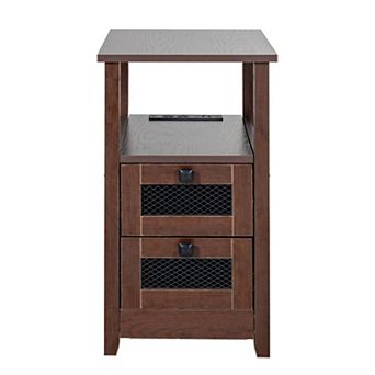 Farmhouse Side Table with Charging Station, Nightstand or Sofa End Table - Brown