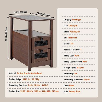 Farmhouse Side Table with Charging Station, Nightstand or Sofa End Table - Brown