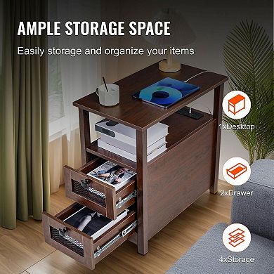 Farmhouse Side Table with Charging Station, Nightstand or Sofa End Table - Brown