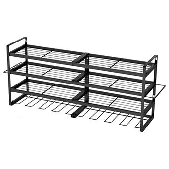 Steel Wall Mounted Tool Rack for Garage with Mesh Shelves and Hooks - Black