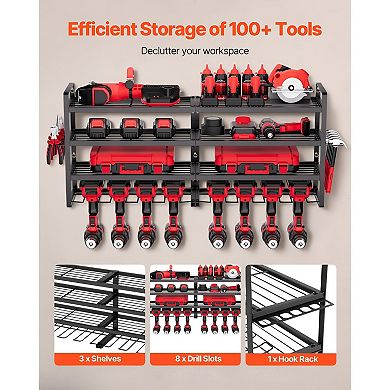 Steel Wall Mounted Tool Rack for Garage with Mesh Shelves and Hooks - Black