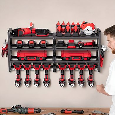 Steel Wall Mounted Tool Rack for Garage with Mesh Shelves and Hooks - Black