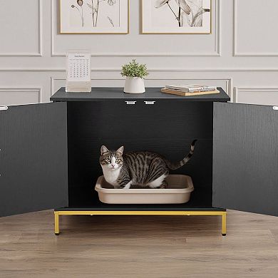 Indoor Cat Litter Box Cabinet Side Table with Doors and Storage Top - Black