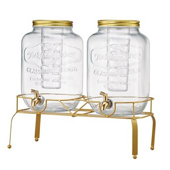 Dual Glass Beverage Dispenser Set with No-Drip Spigots and Fitted Lids
