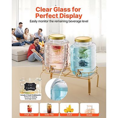 Dual Glass Beverage Dispenser Set with No-Drip Spigots and Fitted Lids
