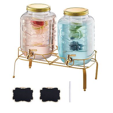 Dual Glass Beverage Dispenser Set with No-Drip Spigots and Fitted Lids